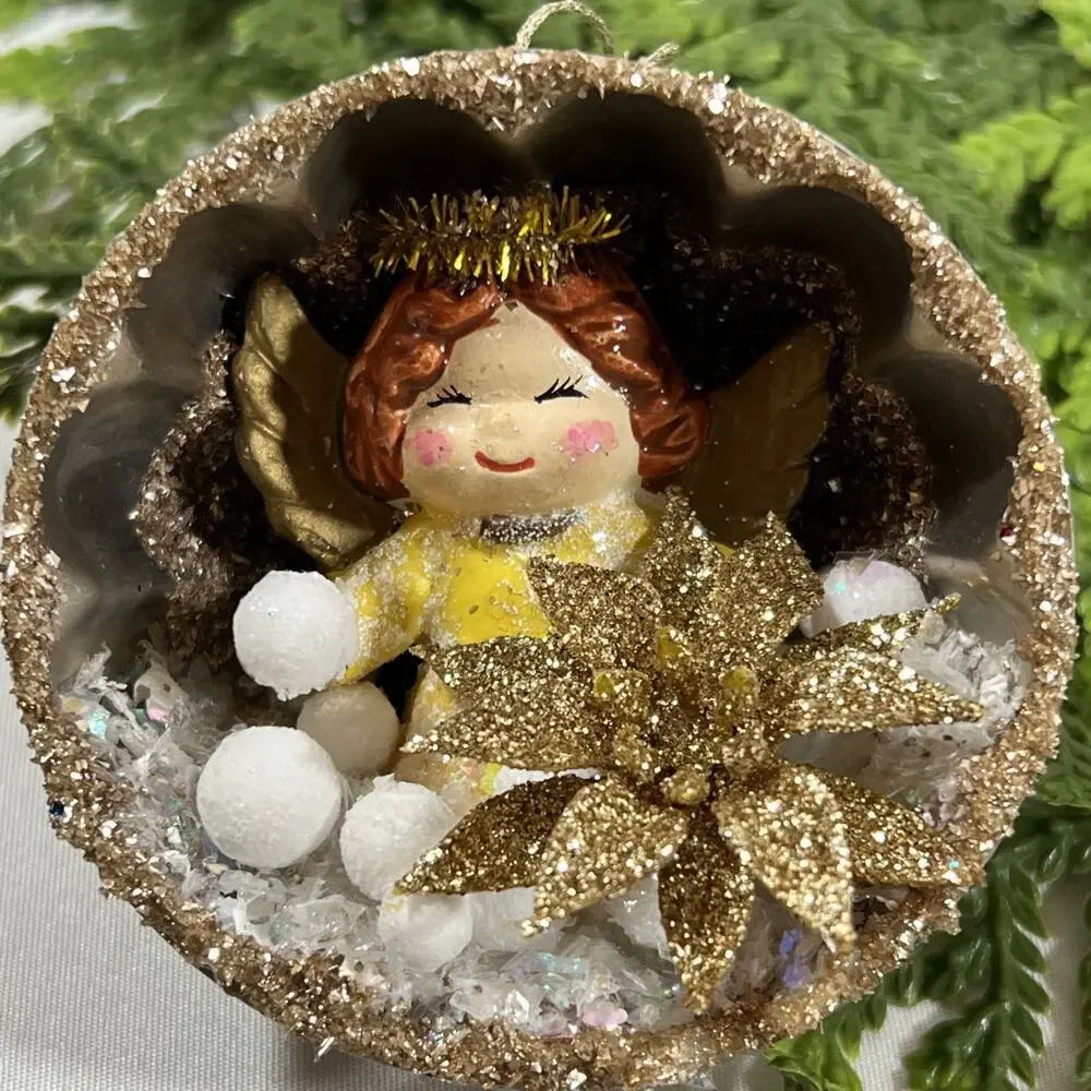 Vintage Round Tart Tin Angel Snow Diorama Mid Century Style Glitter Ornament